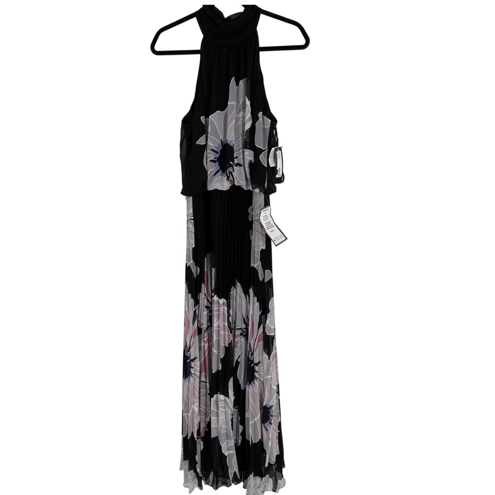 Betsy Adam Floral Halter Pleated Chiffon Maxi Gown Black Grey Pink Size 14 NEW